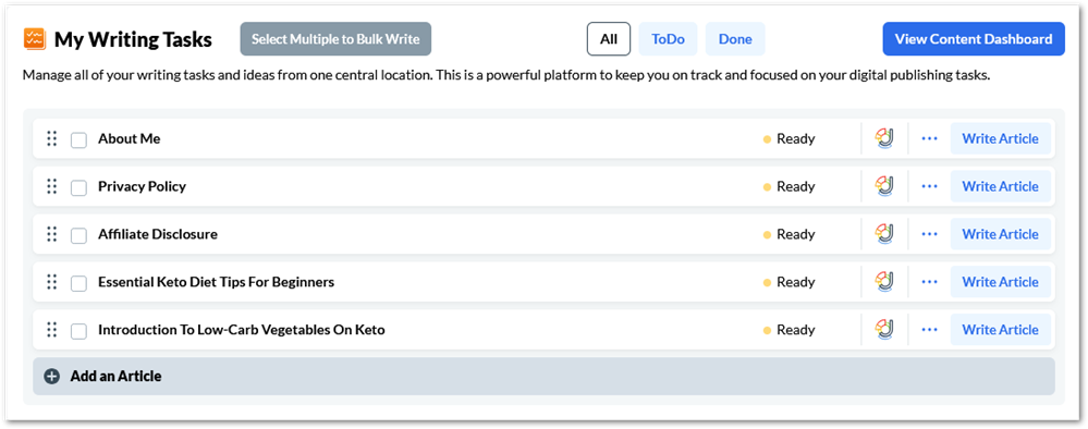 Writing Tasks Manager in Hubs on Wealthy Affiliate